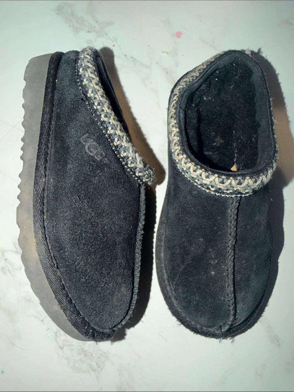 UGG kids tazmin Black Suede Slip-On Clog with Patterned Trim 11c